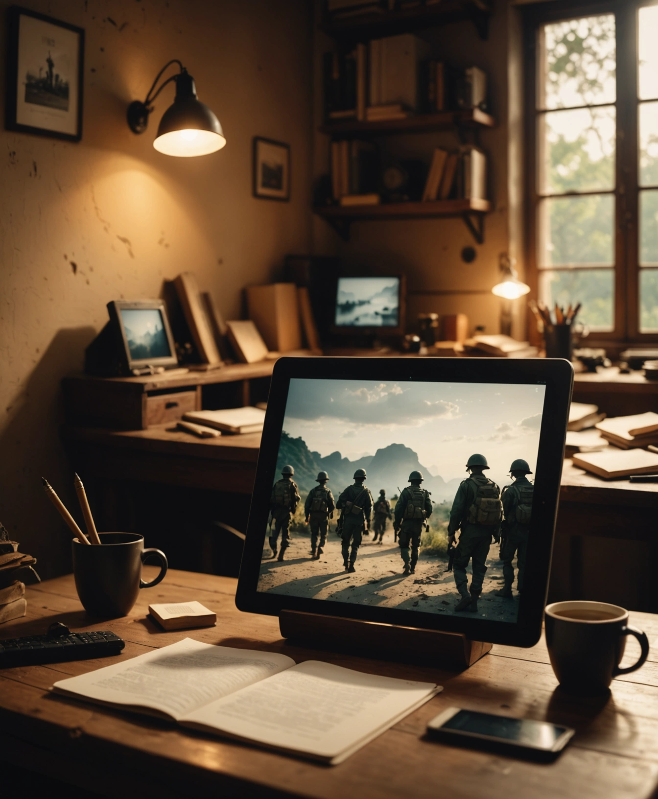 Wooden desk with scattered papers and a tablet under warm lighting